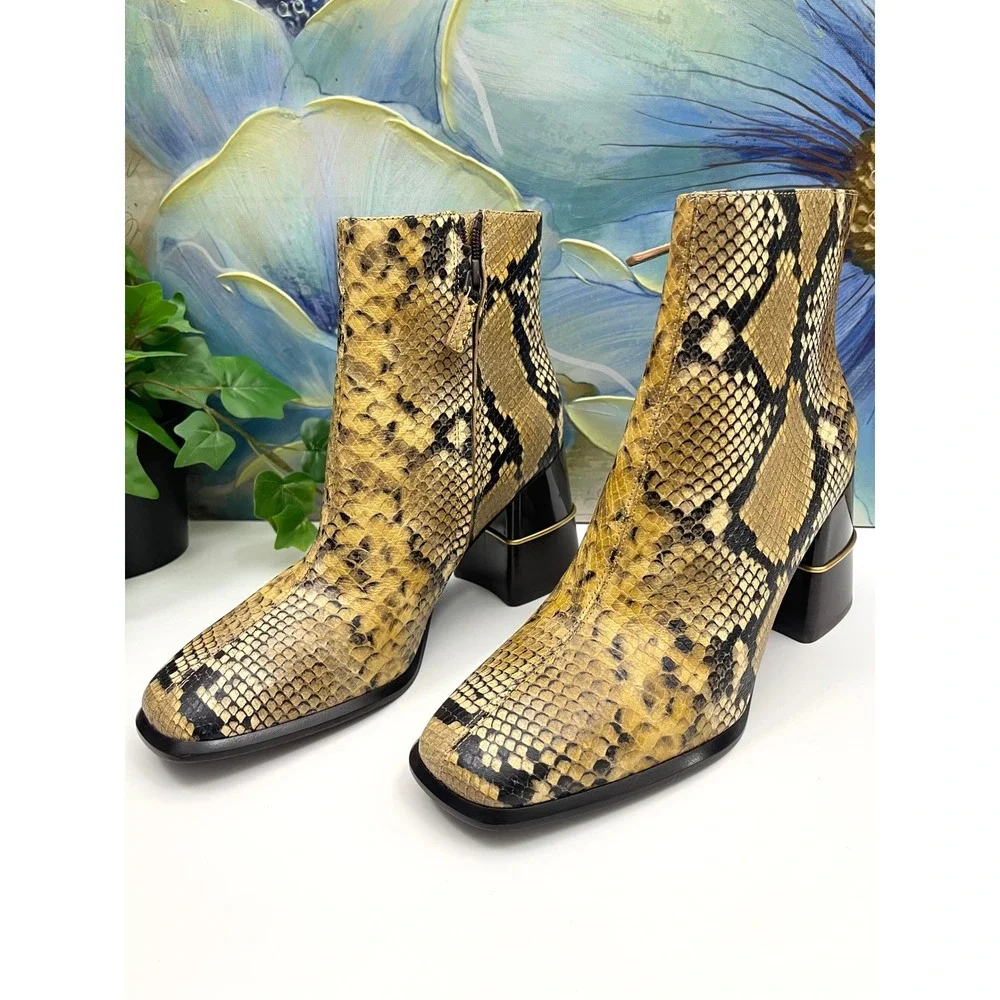 New Tory Burch Snakeskin Embossed‎ Leather Square Toe Ankle Boots 9.5 Yellow